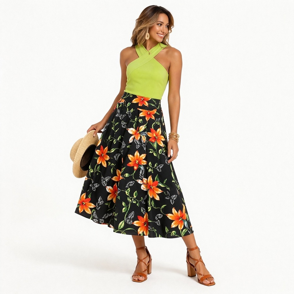 Soft Surroundings Floral Midi Skirt Size Large‎ | Black Tropical Print | Flowy